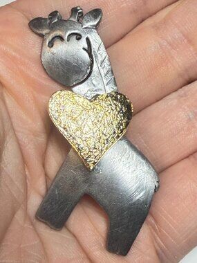 OOAK Upcycled Giraffe Brooch Silver Tone Gold Heart Vintage